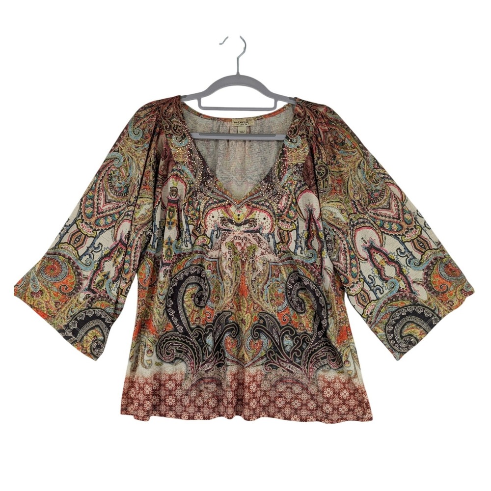 One World Paisley Top M Micro Studs Bell Sleeve Boho‎ Chic All Over Print Hippie